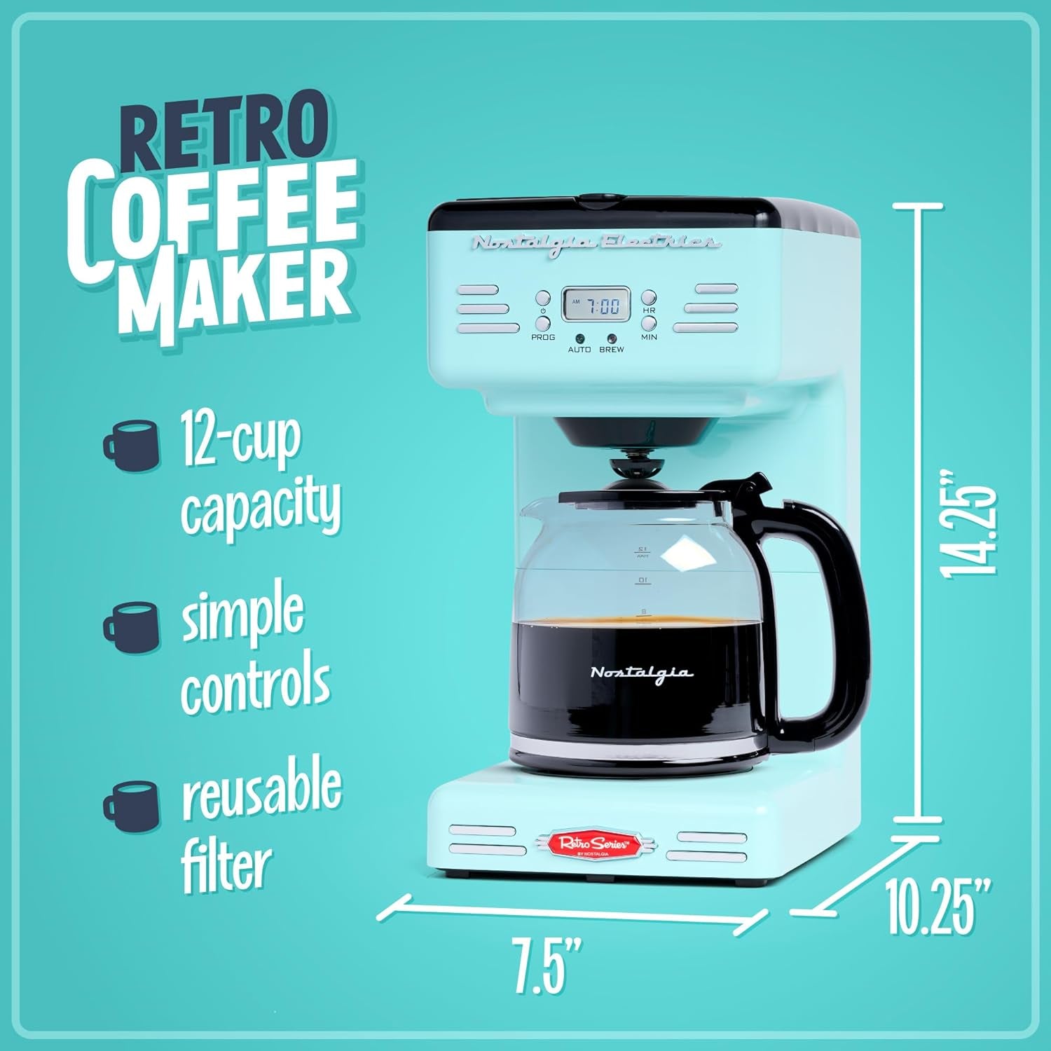 Nostalgia Retro 12-Cup Programmable Coffee Maker with LED Display, Automatic Shut-Off & Keep Warm, Pause-And-Serve Function, Aqua