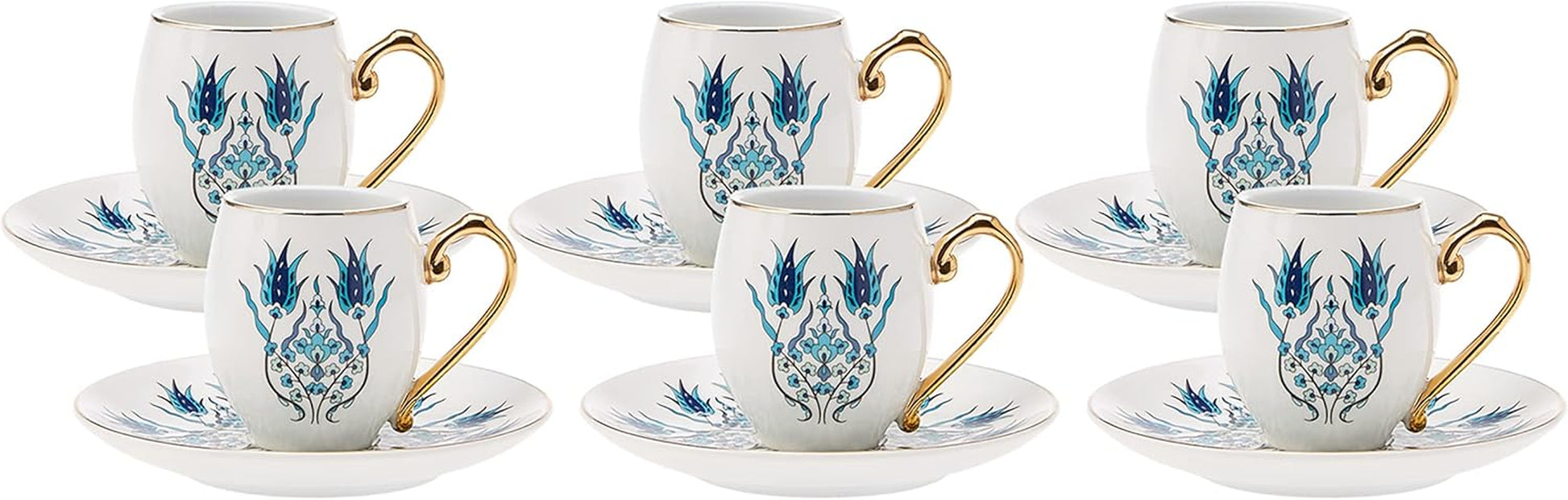 KARACA Iznik Turkish Coffee Cups, 12 Piece Porcelain Espresso Cup Set, 90 Ml Small Arabic & Greek Cups with Saucers, Turkish Coffee Cup Set of 6