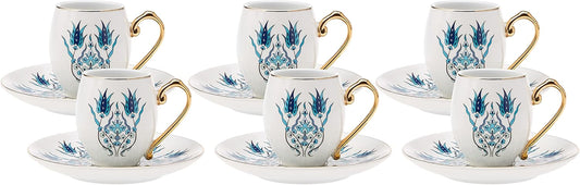 KARACA Iznik Turkish Coffee Cups, 12 Piece Porcelain Espresso Cup Set, 90 Ml Small Arabic & Greek Cups with Saucers, Turkish Coffee Cup Set of 6