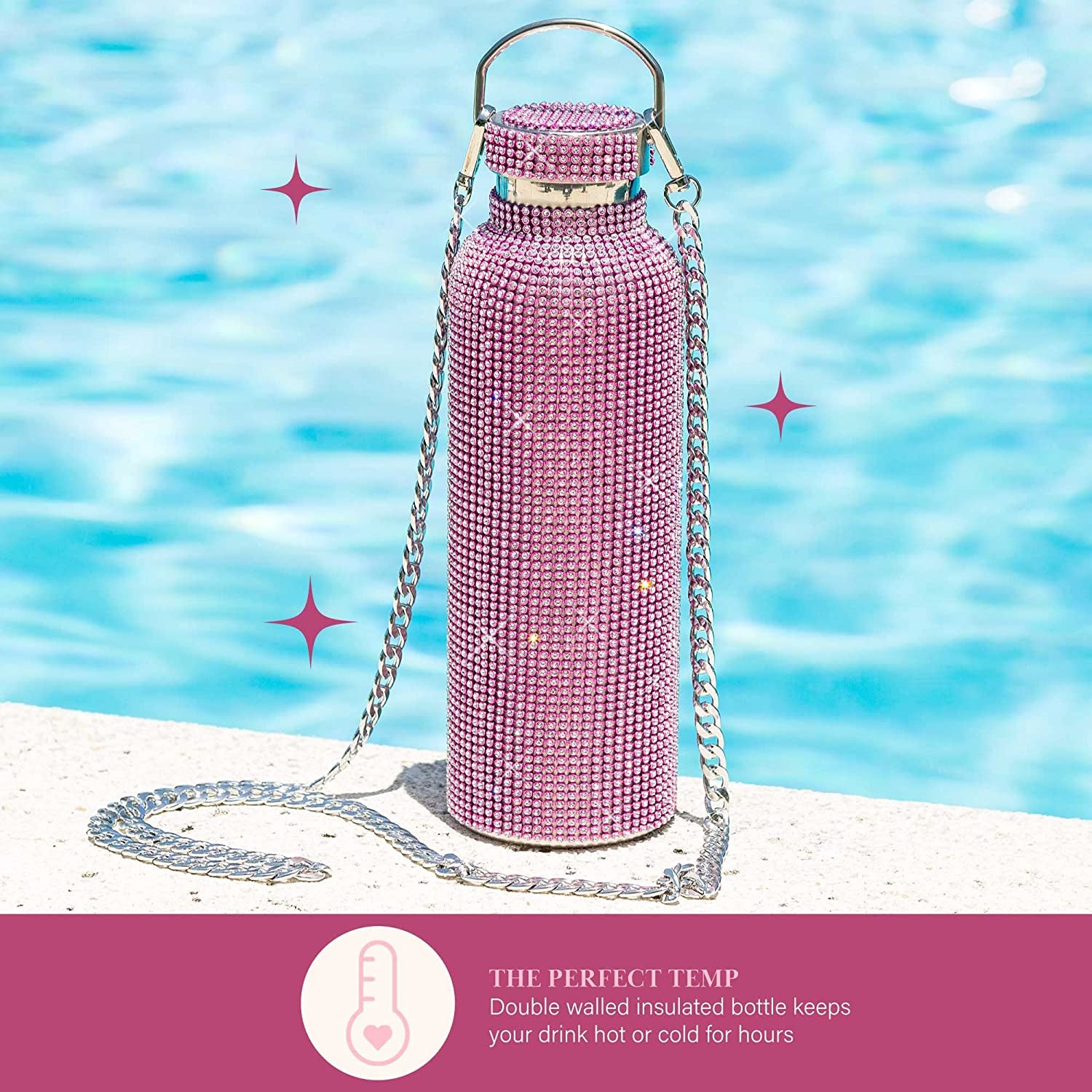 Paris Hilton Diamond Bling Water Bottle with Lid and Removable Carrying Strap, Stainless Steel Vacuum Insulated, Bedazzled with over 5000 Rhinestones, 25-Ounce, Ombre Pink to Silver