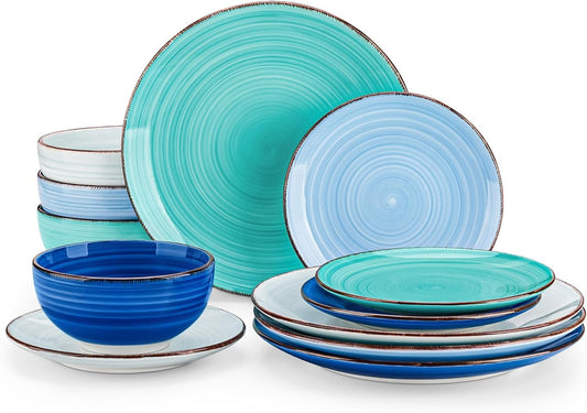 Vancasso Bonita Dinnerware Set Blue Stoneware 12 Pieces Service for 4, Handpainted Spirals Pattern Stoneware Plates and Bowls Set