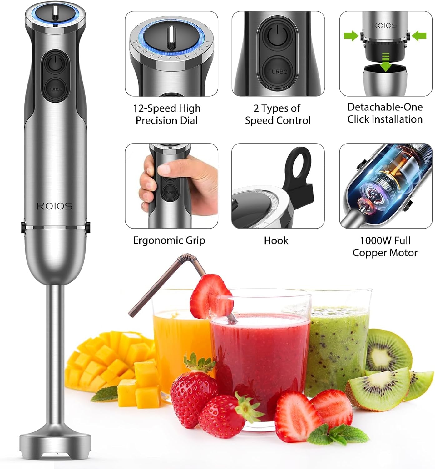 KOIOS Immersion Hand Blender, 5-In-1 Hand Blender with Entire Stainless Steel Blender Shaft, Full Copper Motor, Built in 12 Speed Turbo Stick Blender, Handheld Blender for Baby Food, Smoothies, Soups