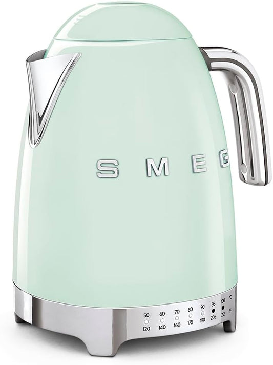 Smeg 50'S Retro 7 Cup Stainless Steel Variable Temperature Electric Kettle with 7 Temperature Settings, Led Display, Swivel Base and Keep Warm Function Pastel Green KLF04PGUS