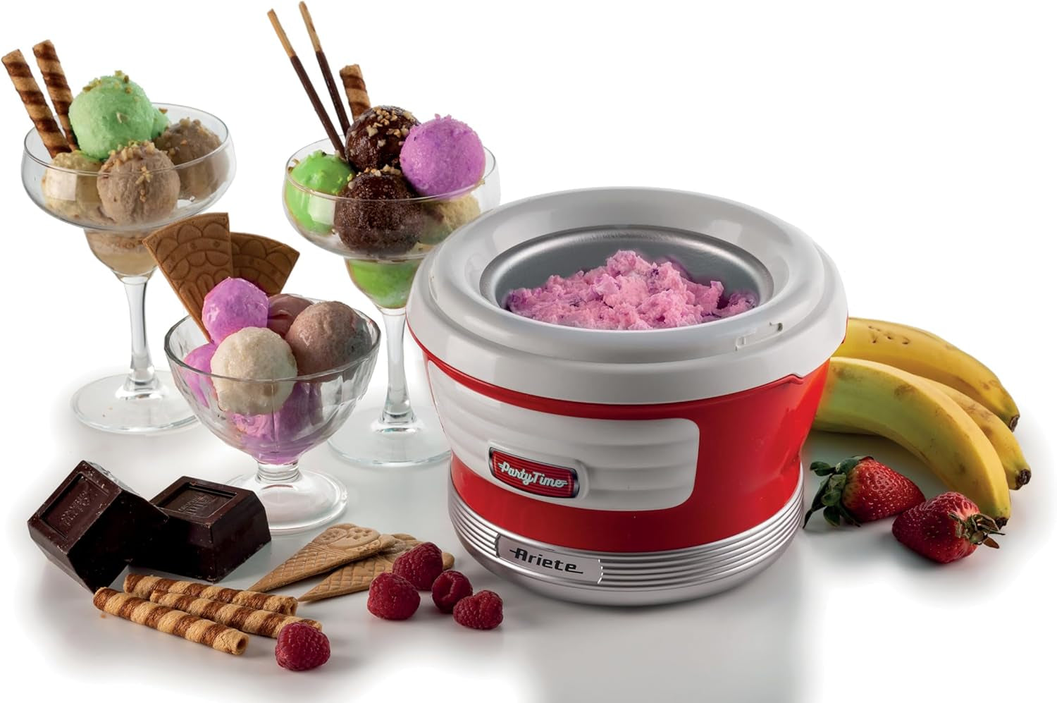 Ariete 643 Ice Cream Maker Party Time, Macchina per Fare Il Gelato, 12W, Capacità 1,5 L, Cestello Estraibile Con Doppio Isolamento, Tempo Preparazione 30 Minuti, Coperchio per Aggiunta Ingredienti,