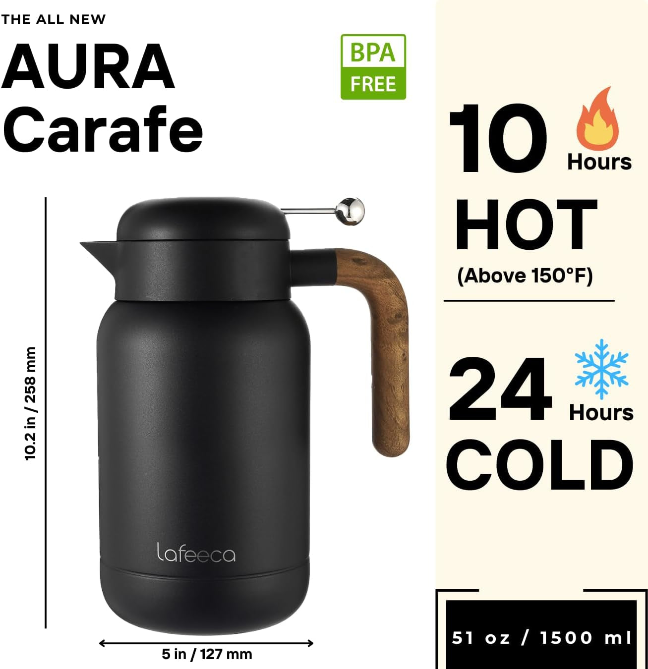 Aura Thermal Coffee Carafe Tea Pot for Keeping Hot & Iced Cold - Vacuum Insulated - Thermos Water Pitcher - Beverage Dispenser - Cool Touch Handle & Lid - BPA Free - 1.5 Liter - Black