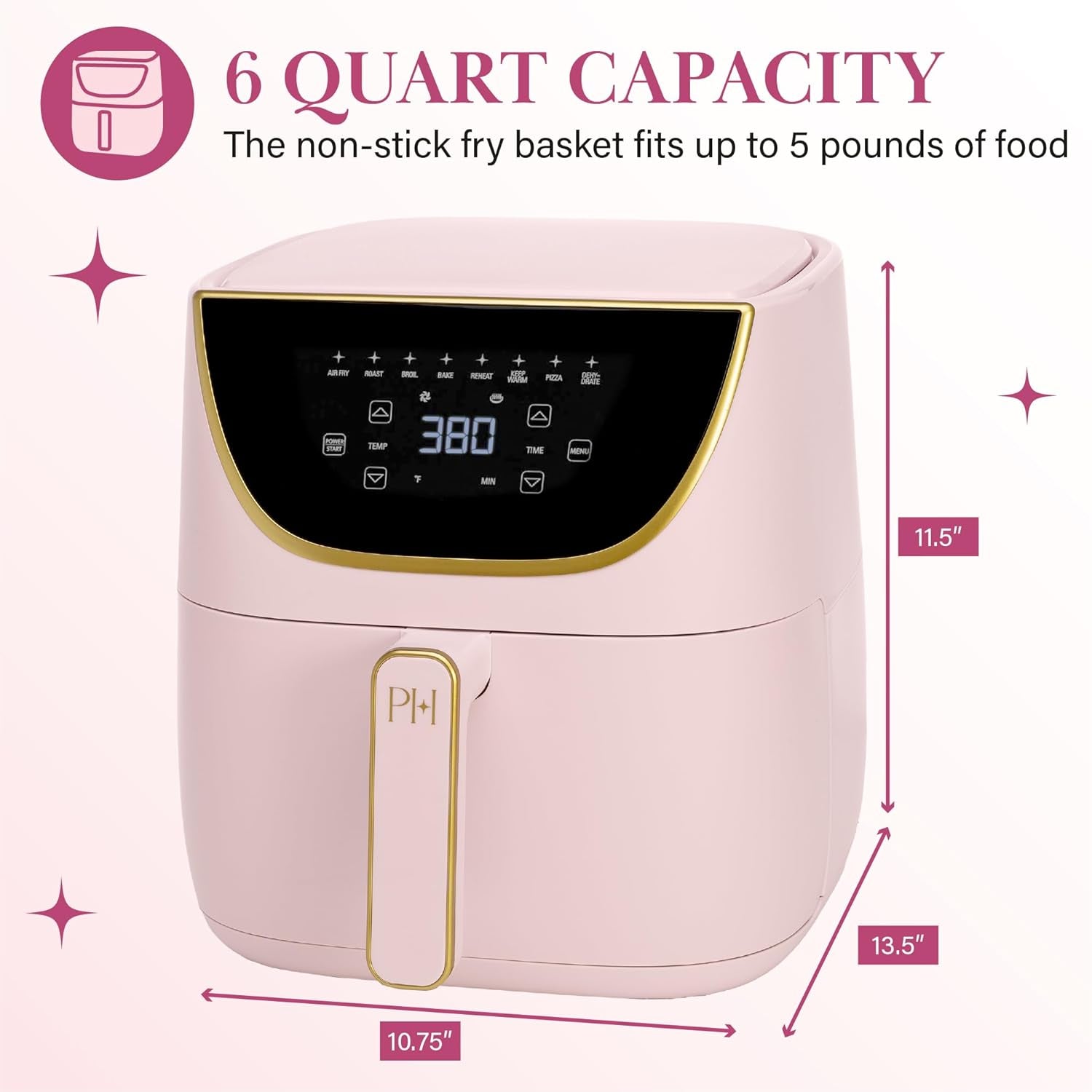 Paris Hilton Air Fryer, Large 6-Quart Capacity, Touchscreen Display, 8-In-1 (Air Fry, Roast, Broil, Bake, Reheat, Keep Warm, Pizza, Dehydrate), Dishwasher Safe and Nonstick Basket and Crisper, Pink