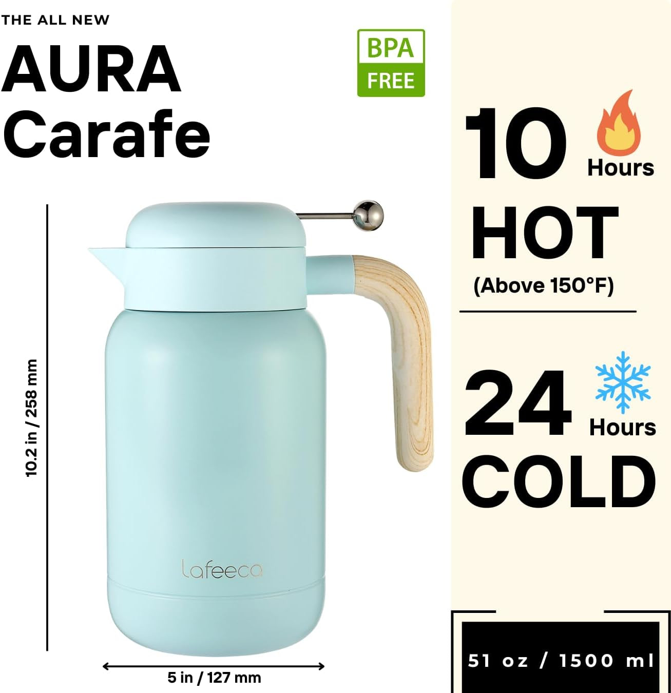 Aura Thermal Coffee Carafe Tea Pot for Keeping Hot & Iced Cold - Vacuum Insulated - Thermos Water Pitcher - Beverage Dispenser - Cool Touch Handle & Lid - BPA Free - 1.5 Liter - Blue