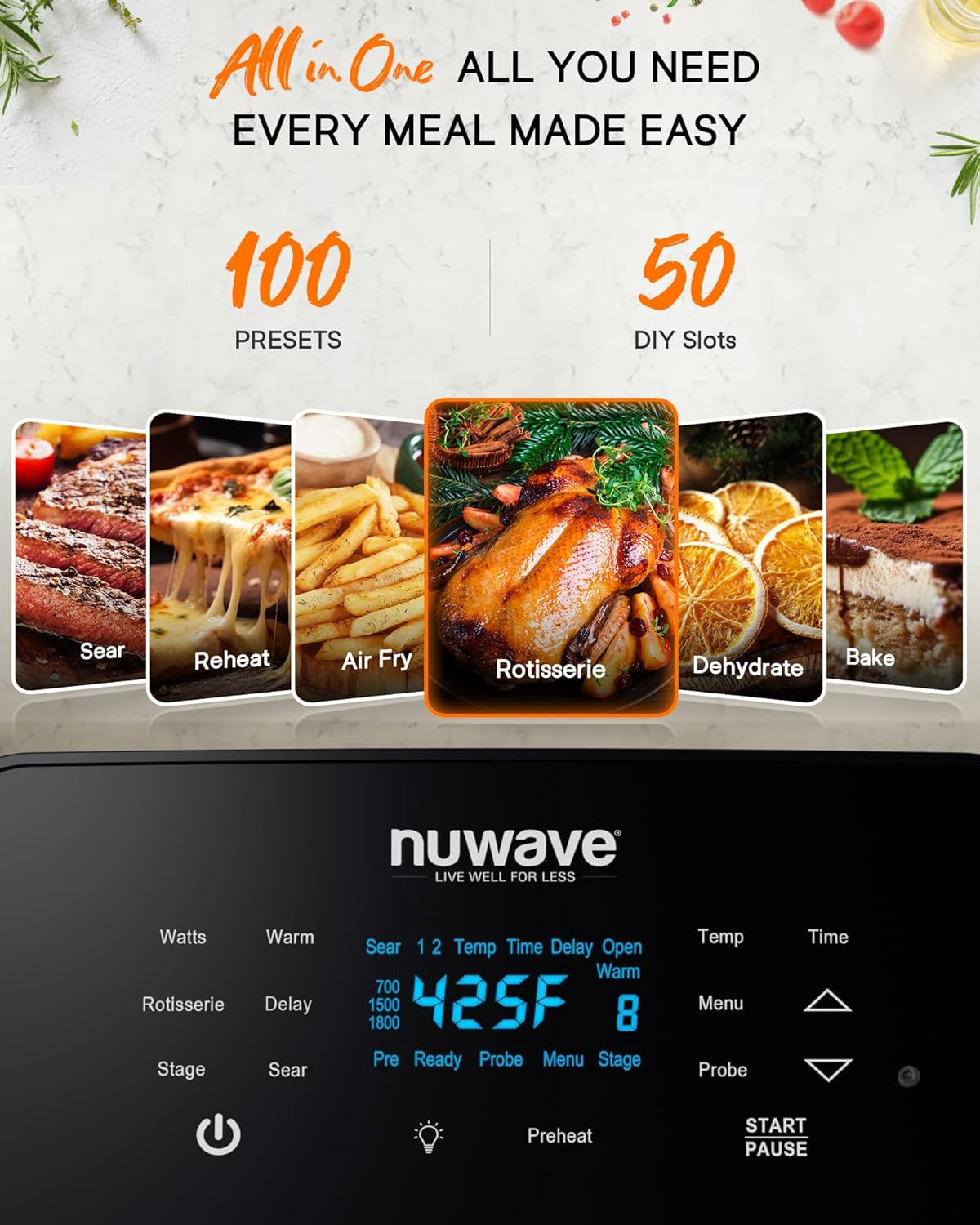 Nuwave Brio 15.5Qt Air Fryer Toaster Oven & Rotisserie Kit, 2024 New Advanced Turbo Convection Tech, Healthy PFAS Free, Max Even & Crisp, Powerful 1800W, 50-425°F, 150 Presets, Smart Probe, 4 Rack