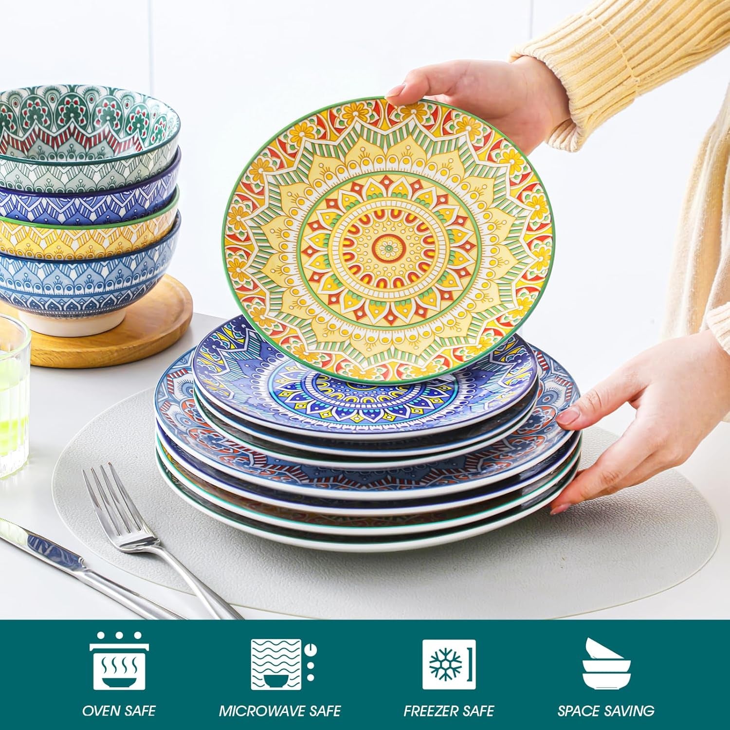 Vancasso Mandala 12 Pieces Dinnerware Sets, Porcelain Dinner Set for 4, Boho Plates and Bowls Set, Colorful Dish Set