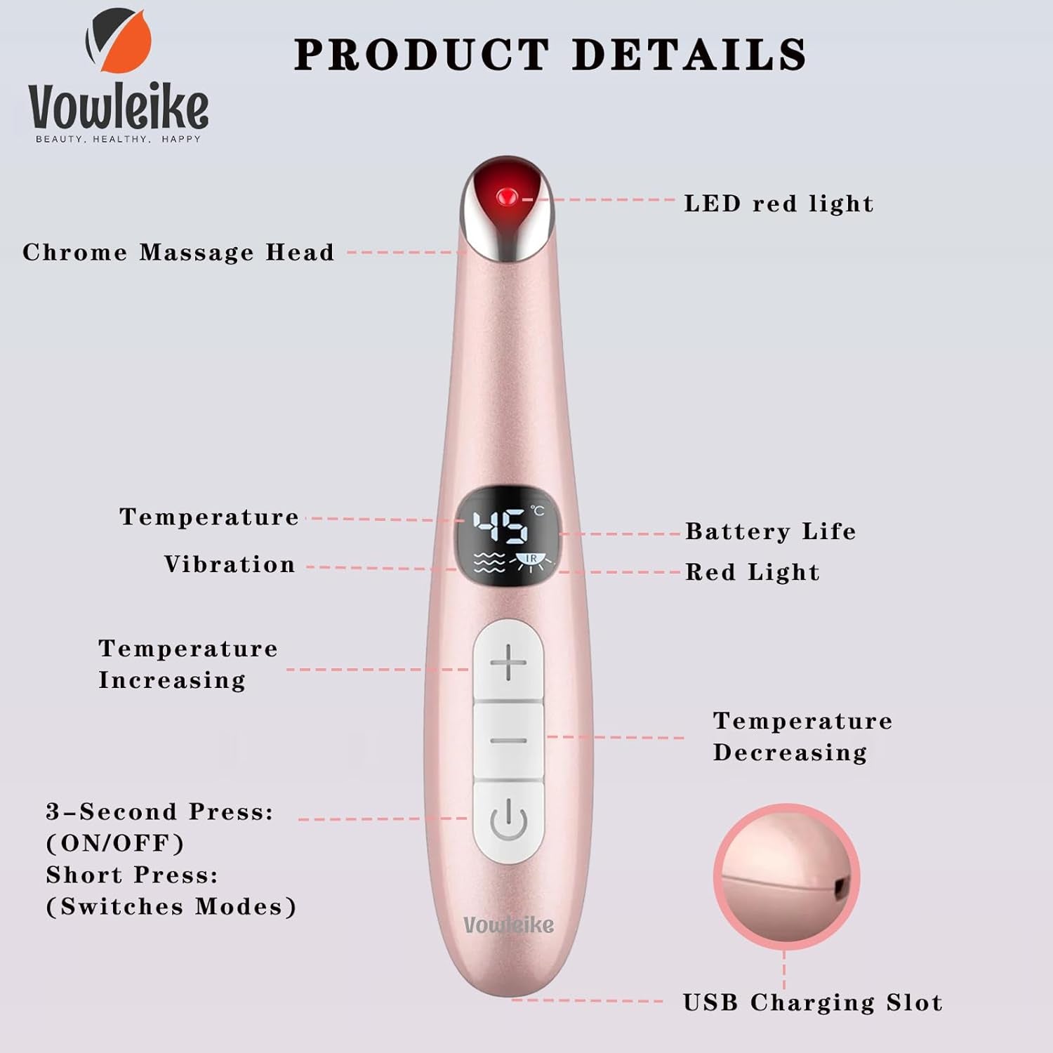 Vowleike Eye Lift Wand 3 in 1 Vibrating 98°F to 113°F LCD Eye Massager for Dry Eyes | Dark Circles and Puffiness Rose Gold