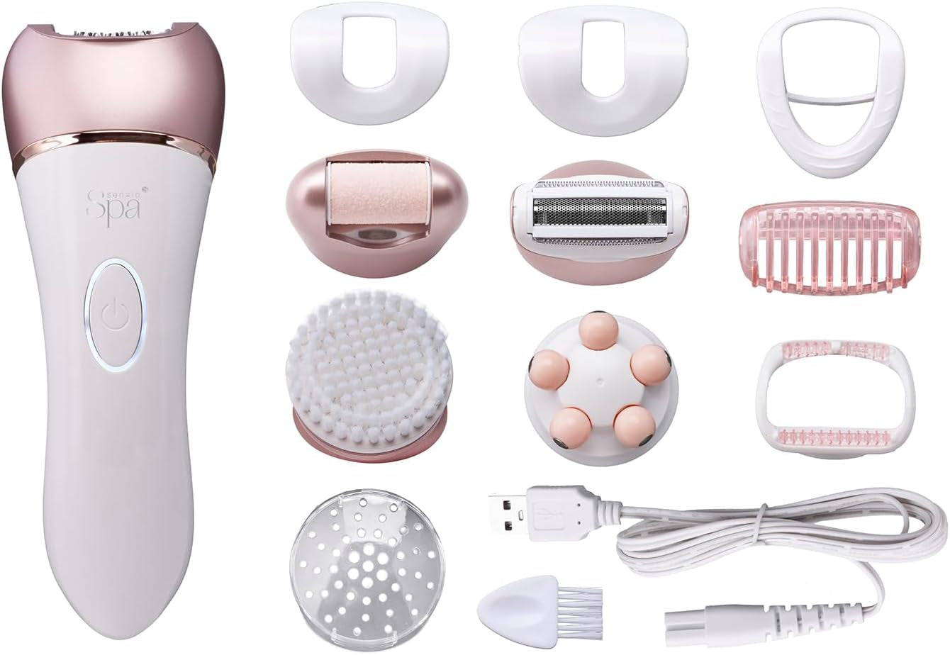 Sensio Spa Multifunctional 5 in 1 Callus Hard Skin Remover, Epilator, Body & Face Shaver, Exfoliator, Massager Men and Women, Rechargeable 2 Speeds with USB, Waterproof, Pedicure Dry Dead Skin Remover