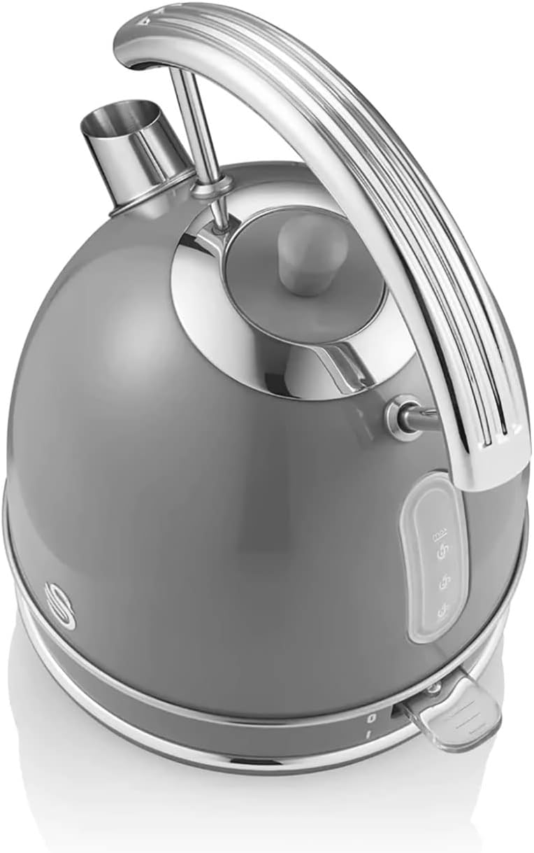 Swan Retro Breakfast Set Stainless Steel Kettle 1.8L & 2-Slice Toaster 6 Level Browning Control Grey Color