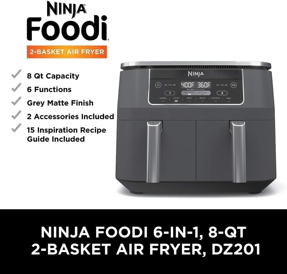 Ninja DZ201 Foodi 8 Quart 6-In-1 Dualzone 2-Basket Air Fryer with 2 Independent Frying Baskets, Match Cook & Smart Finish to Roast, Broil, Dehydrate & More for Quick, Easy Meals, Grey