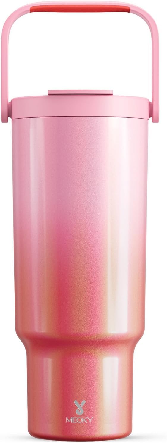 Meoky 40 Oz Tumbler with Handle and Straw, Insulated Water Bottle, Stainless Steel Travel Mug, Keeps Cold for 34 Hours, 100% Leak Proof, Fits in Car Cup Holder (Carnival)