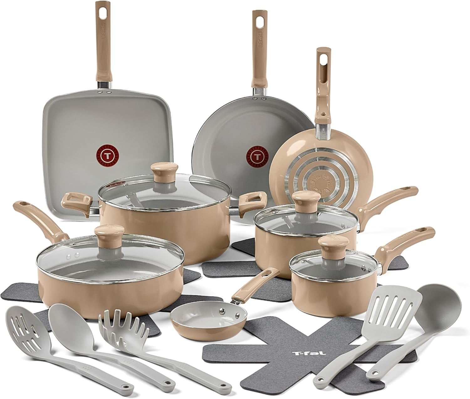 T-Fal Refresh Ceramic, Ceramic Non Stick Cookware Set 20 Piece, Oven Broiler Safe 350F, Kitchen Set W/Egg Pan, Fry Pans, Saucepans, Griddle, Sautepan, Dutch Oven & Utensils, Pots, Pans, Sand Dune