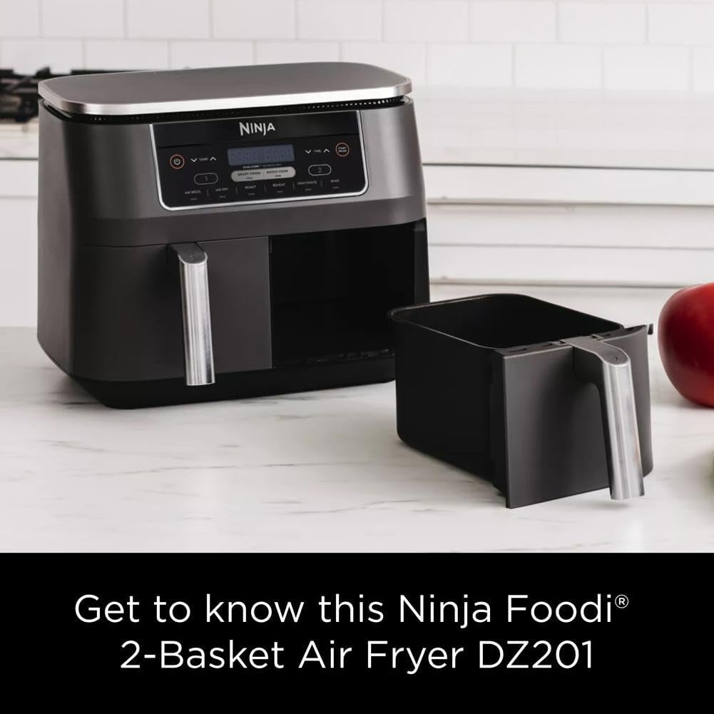 Ninja DZ201 Foodi 8 Quart 6-In-1 Dualzone 2-Basket Air Fryer with 2 Independent Frying Baskets, Match Cook & Smart Finish to Roast, Broil, Dehydrate & More for Quick, Easy Meals, Grey