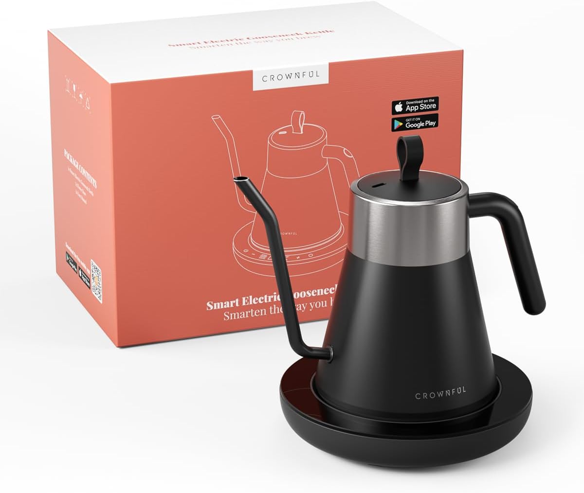 CROWNFUL Smart Electric Gooseneck Kettle with 4 Variable Presets, ±1℉ Temperature Control, 0.8L Capacity, 1200W Quick Heating, 100% Stainless Steel, Pour over Coffee Kettle, Alexa Control