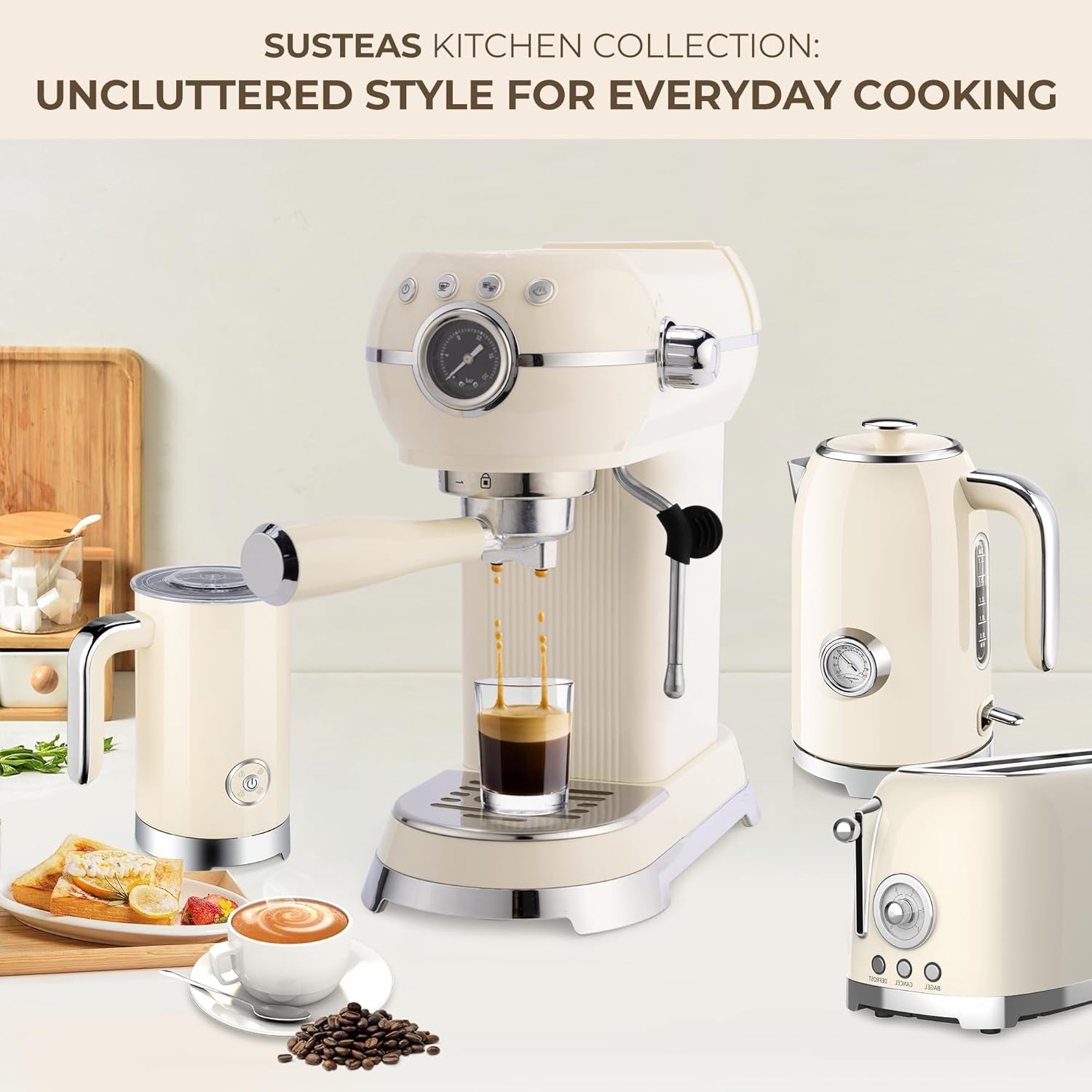 SUSTEAS Espresso Machine with Milk Frother, 20 Bar Espresso Maker for Latte and Cappuccino, Expressions Coffee Machine with Removable Water Tank, Beige