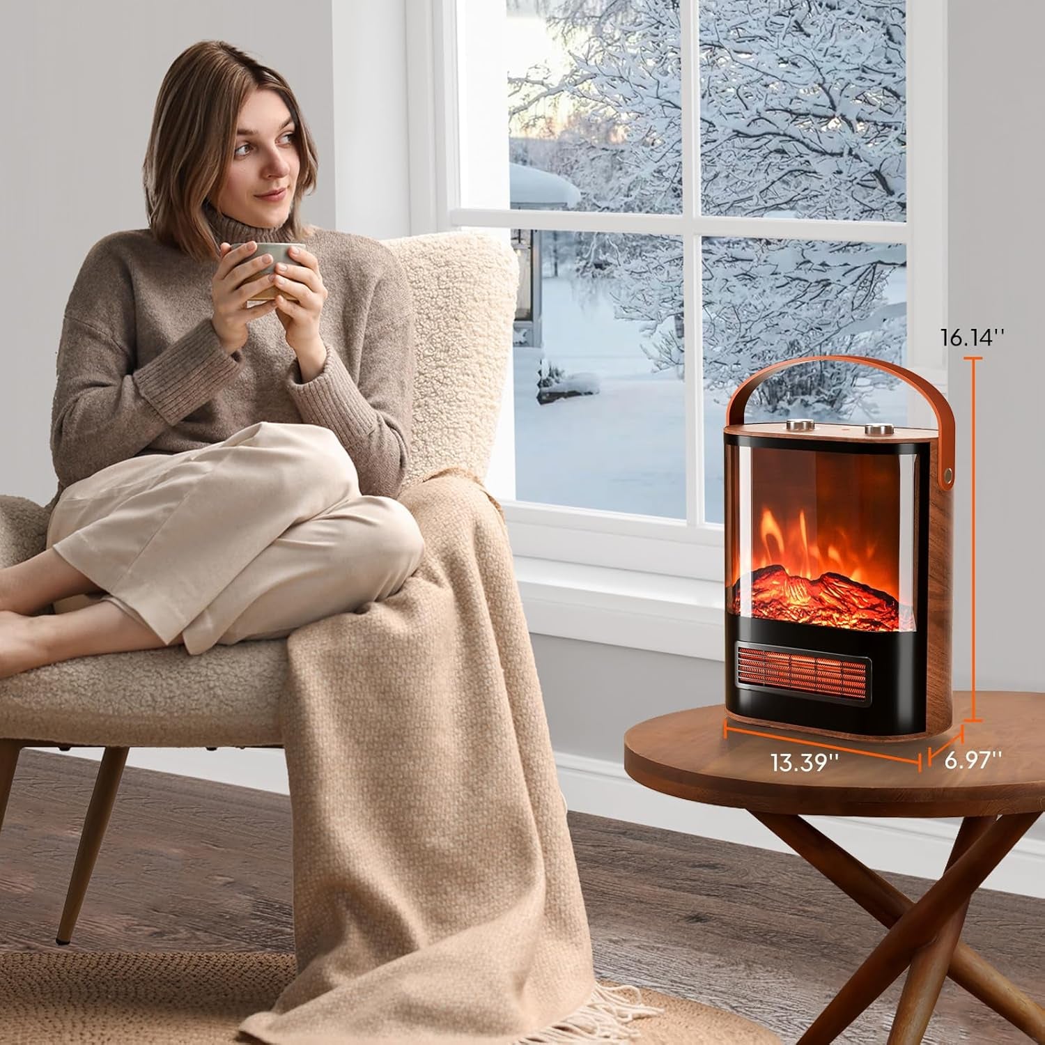 ROVSUN Electric Fireplace Heater for Indoor Use, 1500W Portable Fake Fireplace with 3D Realistic Flame, Adjustable Temperature, Overheat Protection & 4 Modes for Home Living Room Bedroom Office