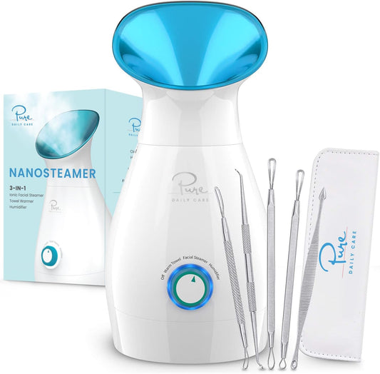 3-In-1 Nano Ionic Facial Steamer with Precise Temp Control With 5 Piece Stainless Steel Skin Kit