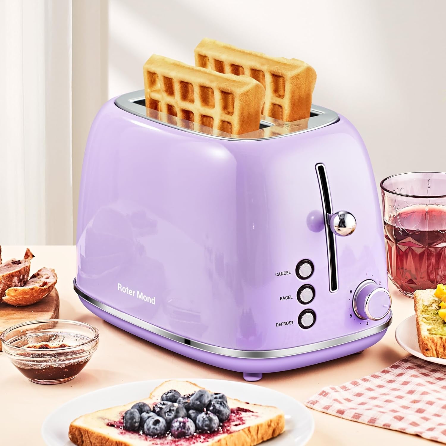 Roter Mond Retro Stainless Steel 2 Slice Toaster 6 Bread Shade Settings Purple