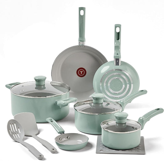 T-Fal Refresh Ceramic, Ceramic Non Stick Cookware Set 12 Piece, Oven Broiler Safe 350F, Cookware, Kitchen Cooking Set W/Fry Pans, Saucepans & Kitchen Utensils, Pots and Pans Set Non Stick, Mint Green