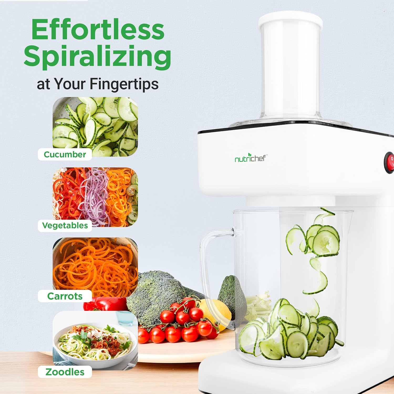 Nutrichef Electric Food Chopper | Zoodle Maker | 3-In-1 Vegetable Processor, Fruit Cutter, Spiral Shredder Machine, Veggie Spaghetti & Noodle Maker | Includes Food Plunger & 1.2L Bowl