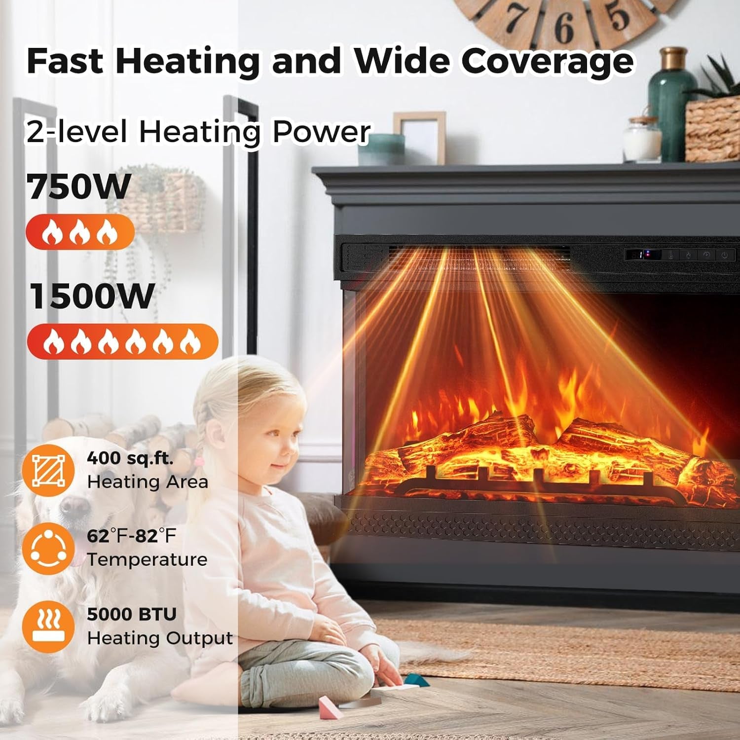 SIMOE Glass Electric Fireplace Heater With Remote & Adjustable Flame Colors and Overheat Protection