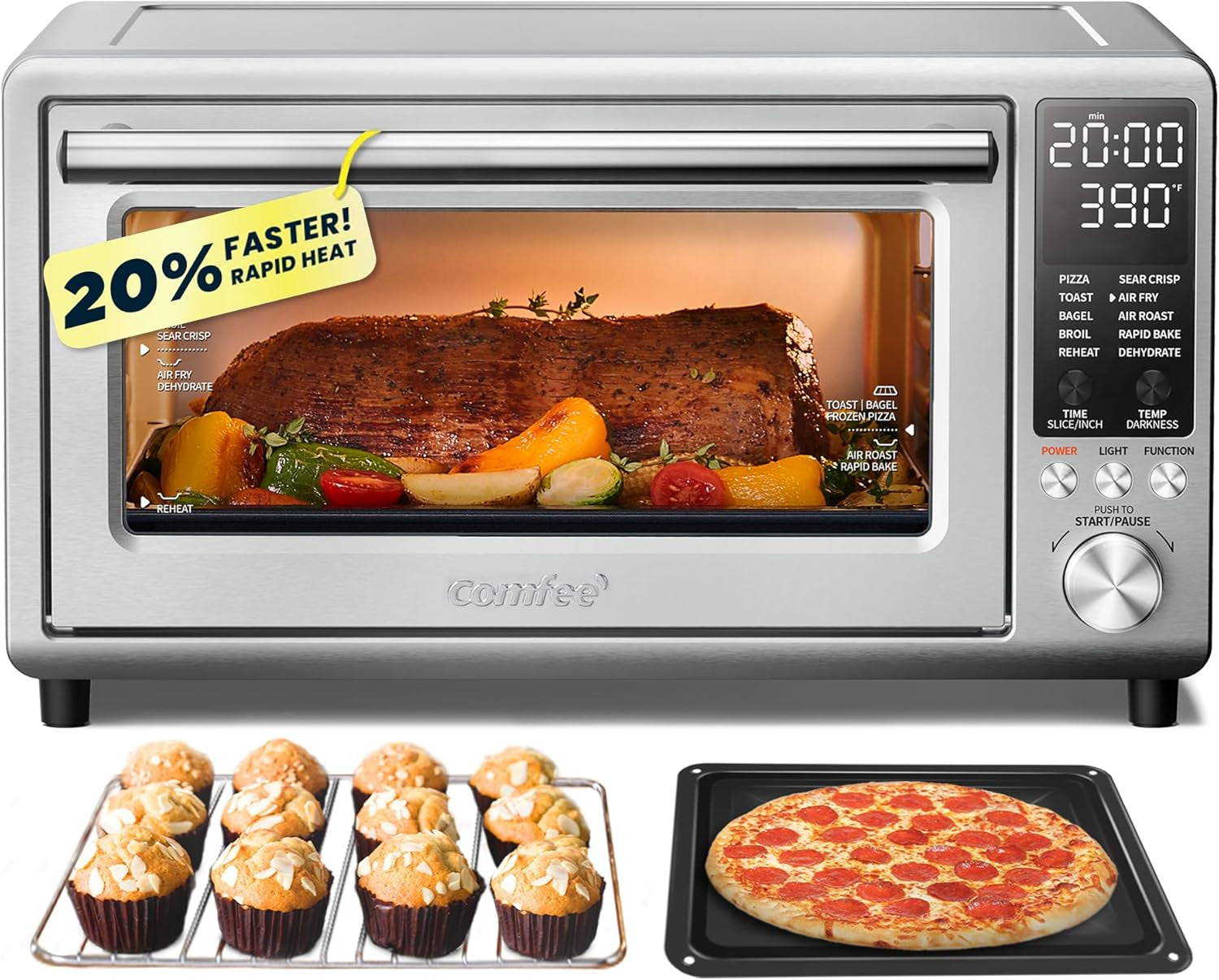 COMFEE' Toaster Oven Air Fryer FLASHWAVE™ Ultra-Rapid Heat Technology, Convection Toaster Oven Countertop with Bake Broil Roast, 6 Slices Fits 12’’ Pizza 24QT, 4 Accessories 1750W Stainless Steel