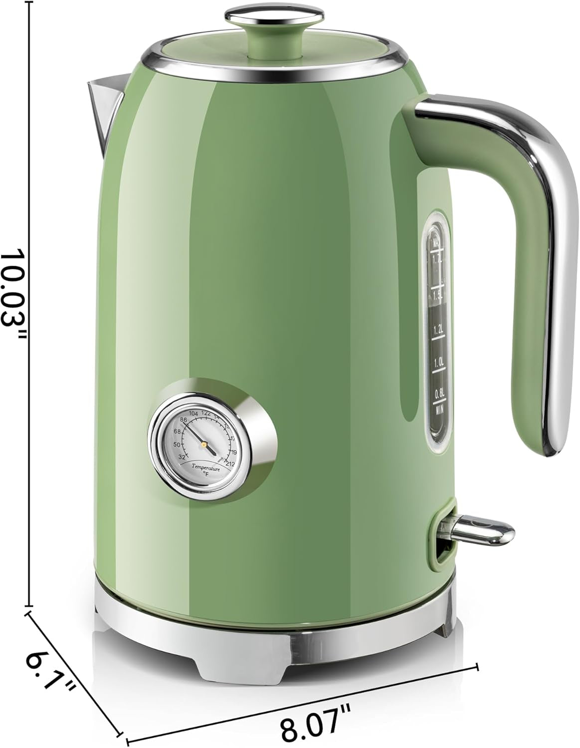 SUSTEAS Electric Kettle - 57Oz Hot Tea Water Boiler with Thermometer, 1500W Fast Heating Stainless Steel Pot, Cordless LED Indicator, Auto Shut-Off & Boil Dry Protection, Retro Green