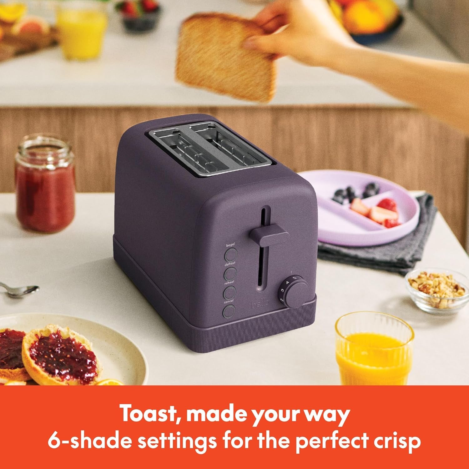 Bella 2 Slice Toaster, 6 Setting Shade Control W Reheat, Cancel, Bagel & Defrost Buttons, Removable Crumb Tray, anti Jam & Auto Shutoff, Auto Centering Guides & Cord Wrap, 900 Watt, Plum