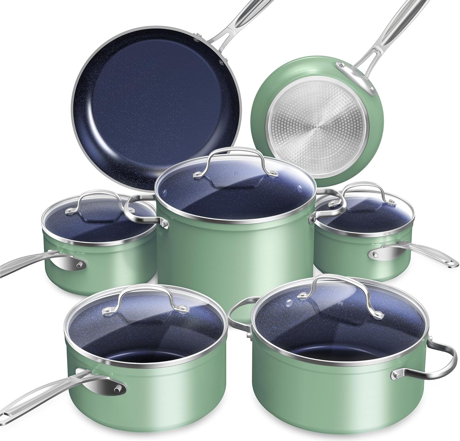 Nuwave Healthy Duralon Blue Ceramic Nonstick Cookware Set, Diamond Infused Scratch-Resistant, PFAS Free, Dishwasher & Oven Safe, Induction Ready & Evenly Heats, Tempered Glass Lids & Stay-Cool Handles