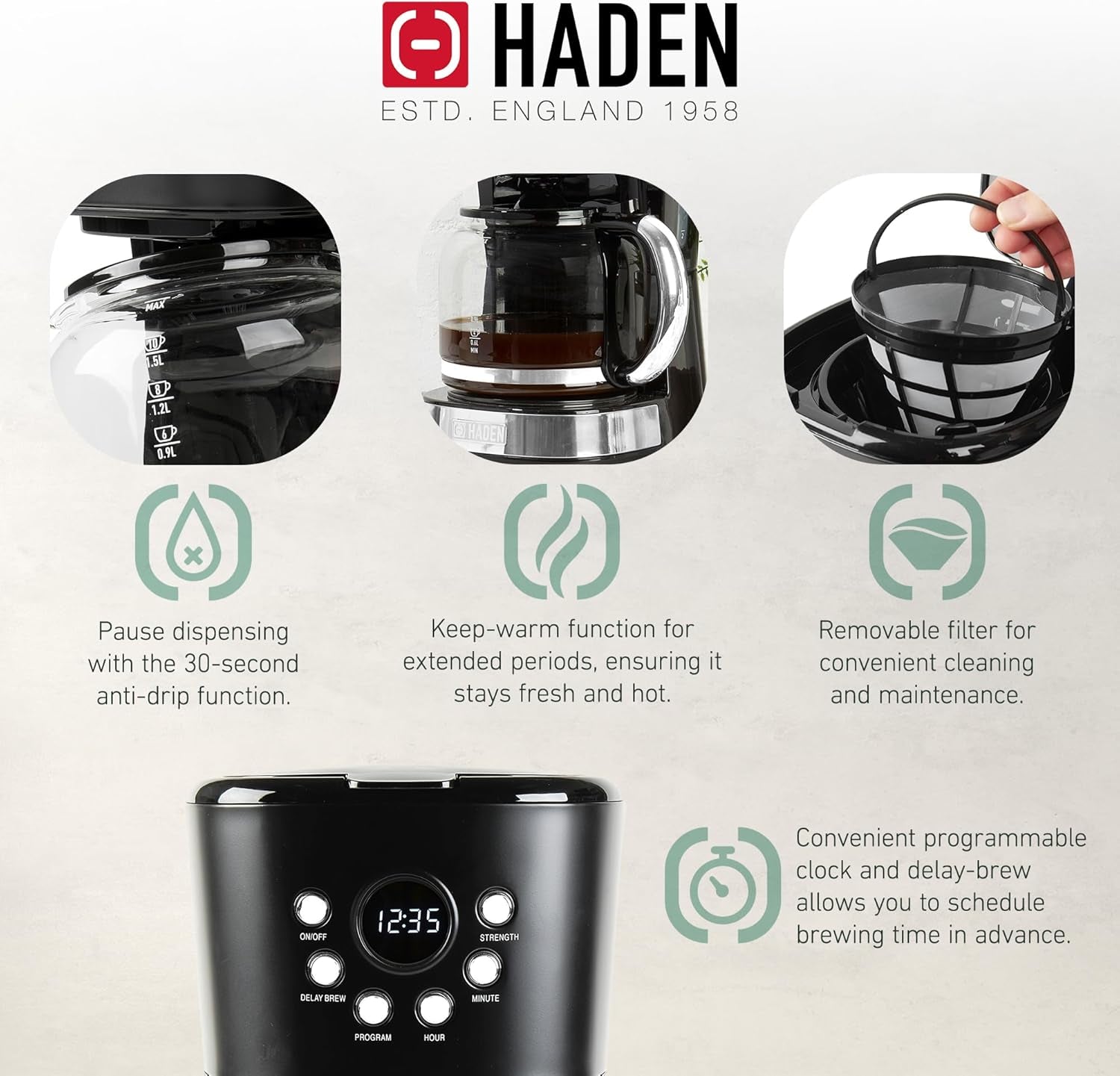 Haden Coffee Machine, 12 Cup Programmable Drip Coffee Maker with Auto Shut-Off Function and Reusable Washable Water Filter, Black & Chrome