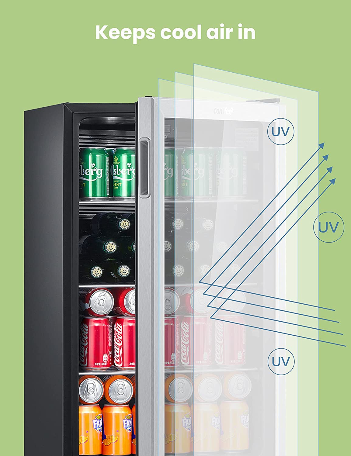 COMFEE' CRV115TAST Cooler, 115 Cans Beverage Refrigerator, Adjustable Thermostat, Glass Door with Stainless Steel Frame, Reversible Hinge Door and Legs for Home, Apartment