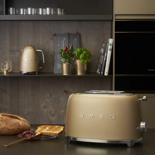 SMEG 2 Slice Toaster with 6 Presets and Defrost Function and Removable Crumb Tray TSF01CHMUS, Matte Champagne