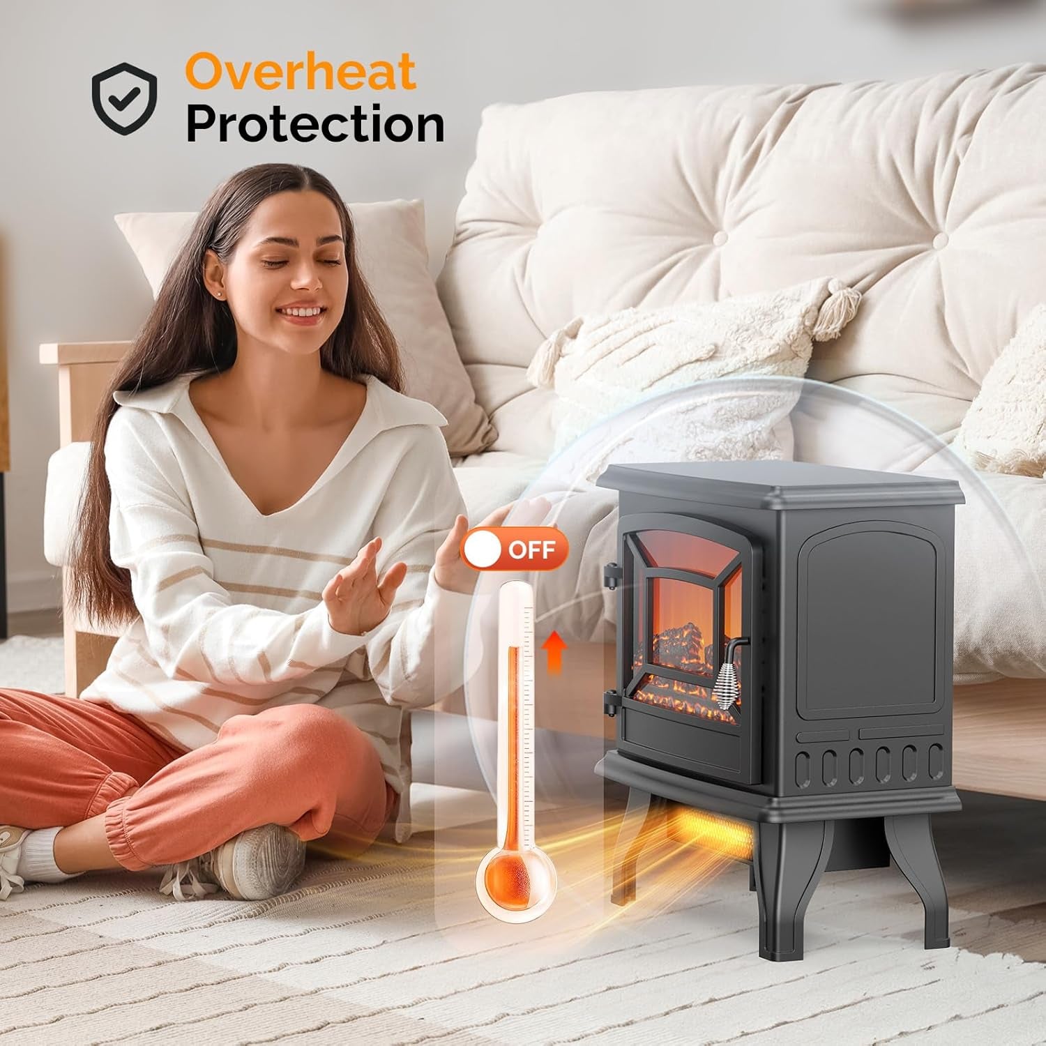 ROVSUN 20" H Electric Fireplace Stove Space Heater, 1400W Portable Freestanding with Thermostat, Realistic Flame Logs, Overheat & Tip-Over Protections for Bedroom Living Room, CSA Approved