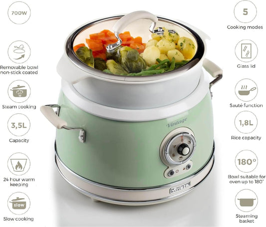 Ariete 2904 Rice Cooker - Cuociriso Elettrico Con Bowl in Ceramica - Sushi Fatto in Casa - Multicooker - Linea Vintage - 3,5 L - 650 W - Verde