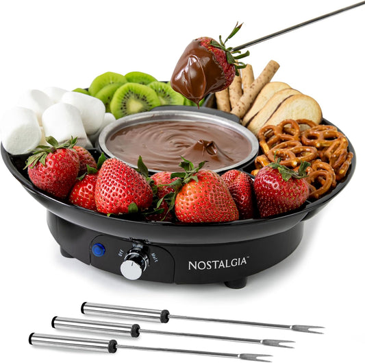 Nostalgia 10 Oz Electric Fondue Pot Set for Cheese & Chocolate - 4 Dipping Forks, 3-Section Food Tray - Kitchen Gadgets and Appliances for H'Ors Deouvres, Entrees, Desserts - Black