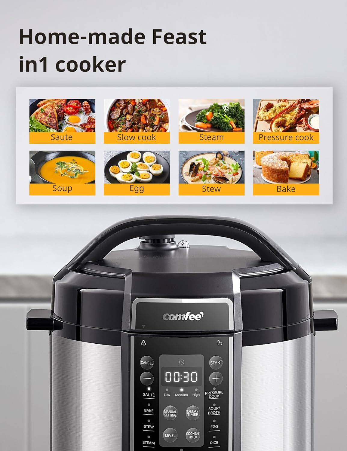 COMFEE’ Pressure Cooker 6 Quart with 13 Cooking Functions, Olla De Presion Non-Stick Pot Yogurt Maker Rice Cooker Slow Cooker Sauté Steamer, Healthy Ceramic Inner Pot