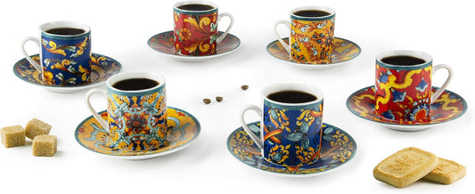 Excelsa , Porcellana, Set 6 Tazzine Da Caffè Trinacria Con Piattino, Multicolore