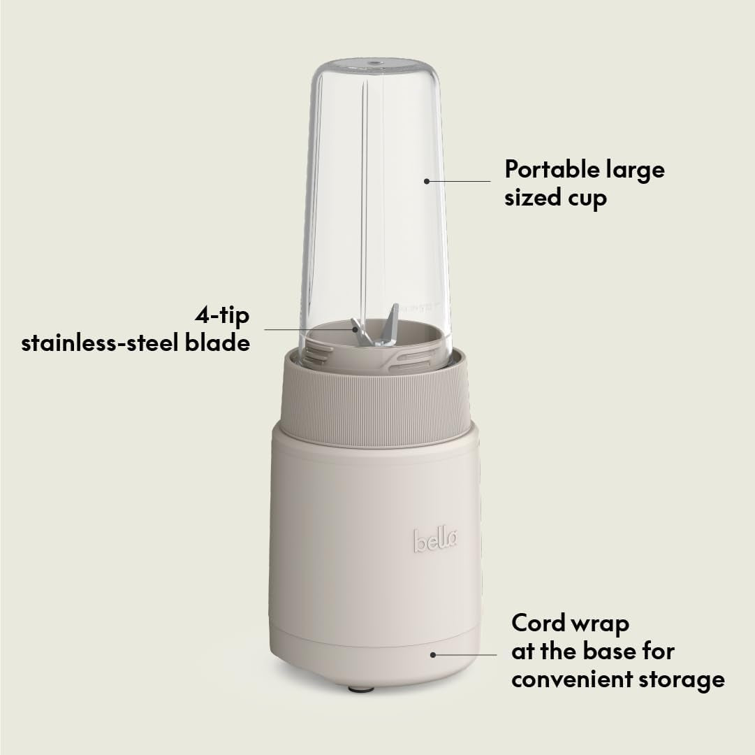 Bella 6 Pcs Portable Rocket Blender, Juicer & Smoothie Maker, Press & Twist Design, Evergood™ & BPA Free Dishwasher Safe Parts, 4 Tip Stainless Steel Blade, Cord Wrap, 240 Watt Motor, Oatmilk