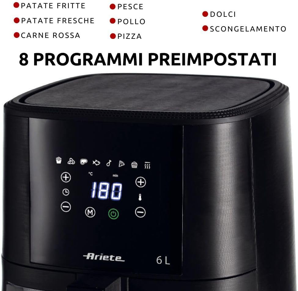 Ariete 4626 Friggitrice Ad Aria 6L, 1300 W, Capacità 6L, Capacità Di Cottura 2,5Kg, 8 Programmi Preimpostati, Temperatura Fino a 200°, Cestello Trasparente per Controllo Cottura, Nero