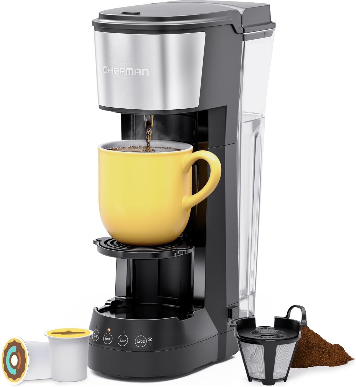 CHEFMAN Single Serve Coffee Maker, K Cup Coffee Machine: Compatible with K-Cup Pods and Ground Coffee, Brew 6 to 12Oz Cup Drip Coffee Maker, 40Oz Water Reservoir, Cup Lift, Filter Included