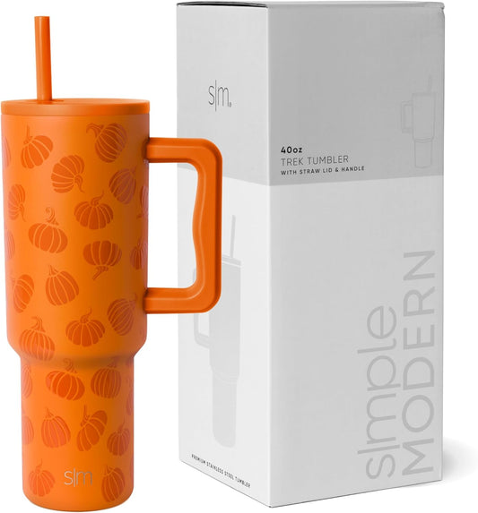 Simple Modern Halloween 40 Oz Tumbler with Handle and Straw Lid | Insulated Cup Stainless Steel Water Bottle Travel Mug Cupholder Use | Gifts for Women Him Her | Trek Collection | Orange Pumpkins