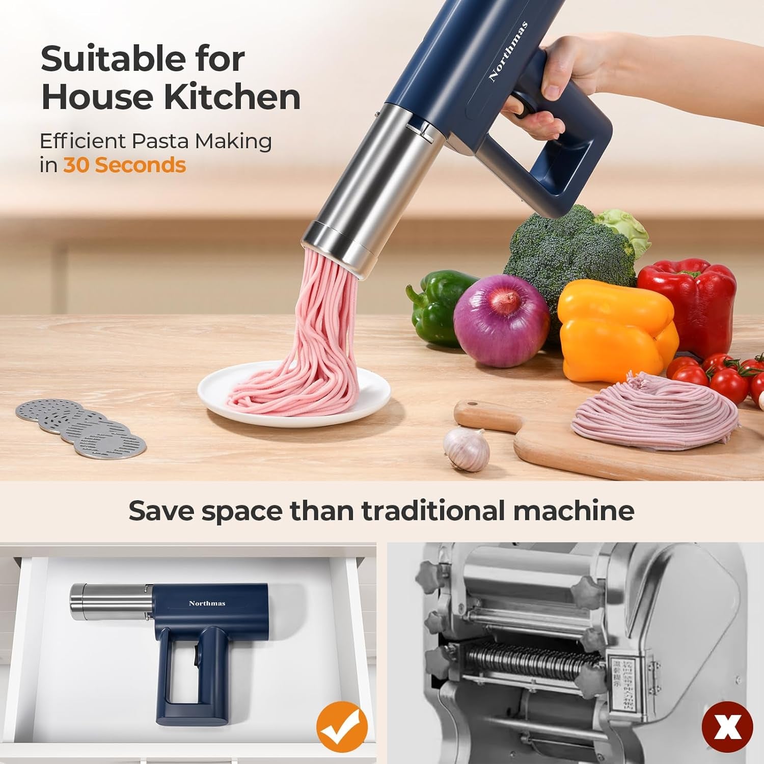 Electric Pasta Maker, 5-In-1 Handheld Pasta Maker Machine, Automatic Dough Press, 3000Mah Larger Battery, Cordless for Portable Design, Blue, Include a Cleaning Brush