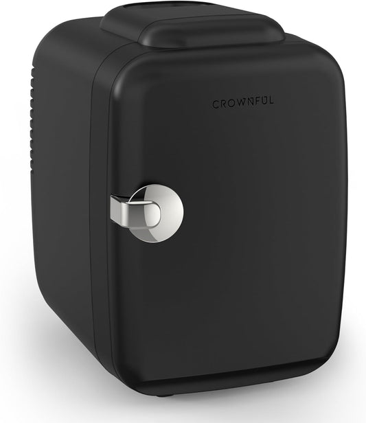 CROWNFUL Mini Fridge 4 Liter 6 Can Portable Cooler and Warmer Fridge for Skin Care & Cosmetics (Black)