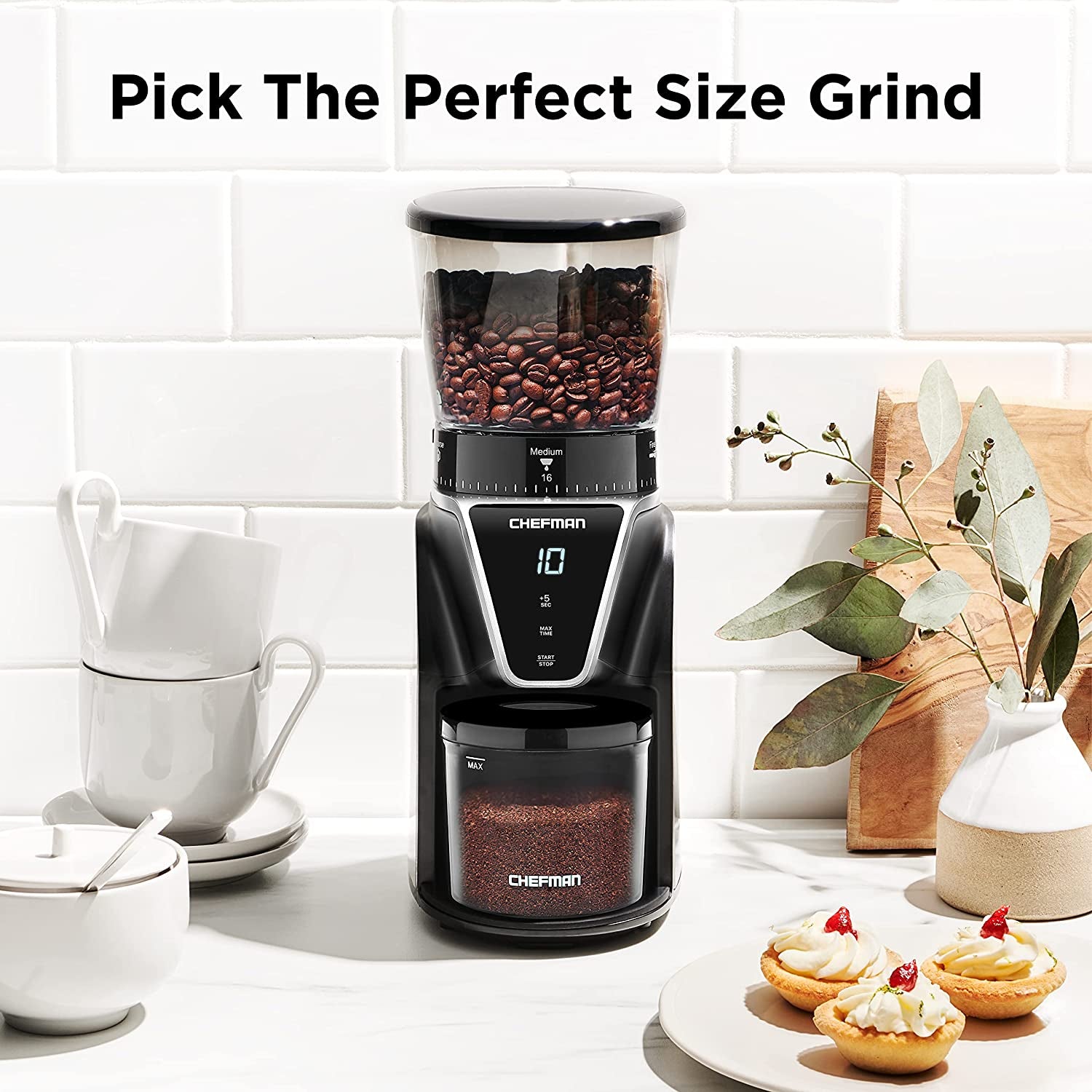 Chefman Conical Burr Coffee Grinder, Create the Boldest & Most Flavorful Grind with 31 Settings from Coarse to Extra Fine, One-Touch Digital Control & 9.7-Oz Bean Capacity, Black