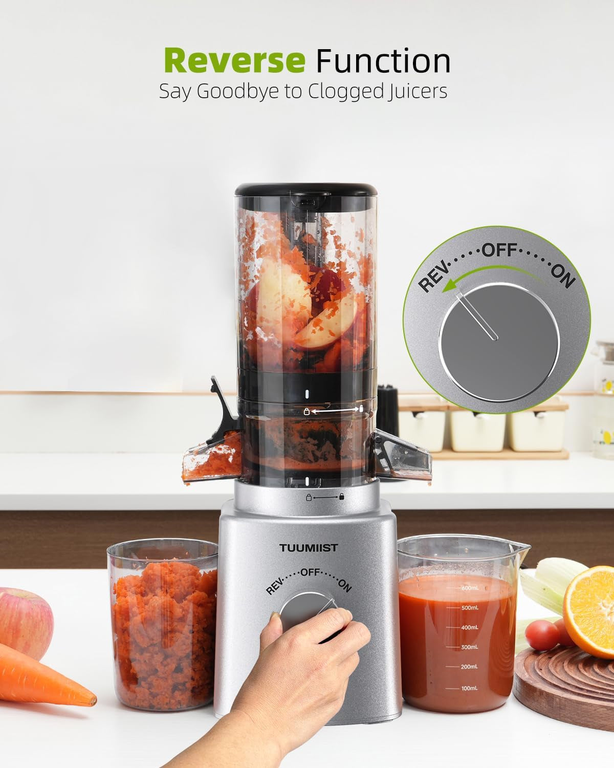 Juicer Machines, TUUMIIST Cold Press Juicer with 4.25'' Large Feed Chute Fit Whole Vegetable and Fruit, Masticating Juicer Easy to Clean, BPA Free (Silvery)