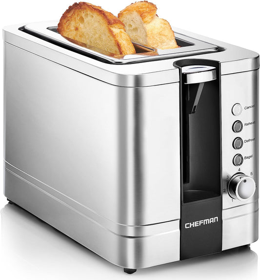 Chefman 2-Slice Pop-Up Stainless Steel Toaster W/ 7 Shade Settings, Extra Wide Slots for Toasting Bagels, Defrost/Reheat/Cancel Functions, Removable Crumb Tray, 850W, 120V, Silver