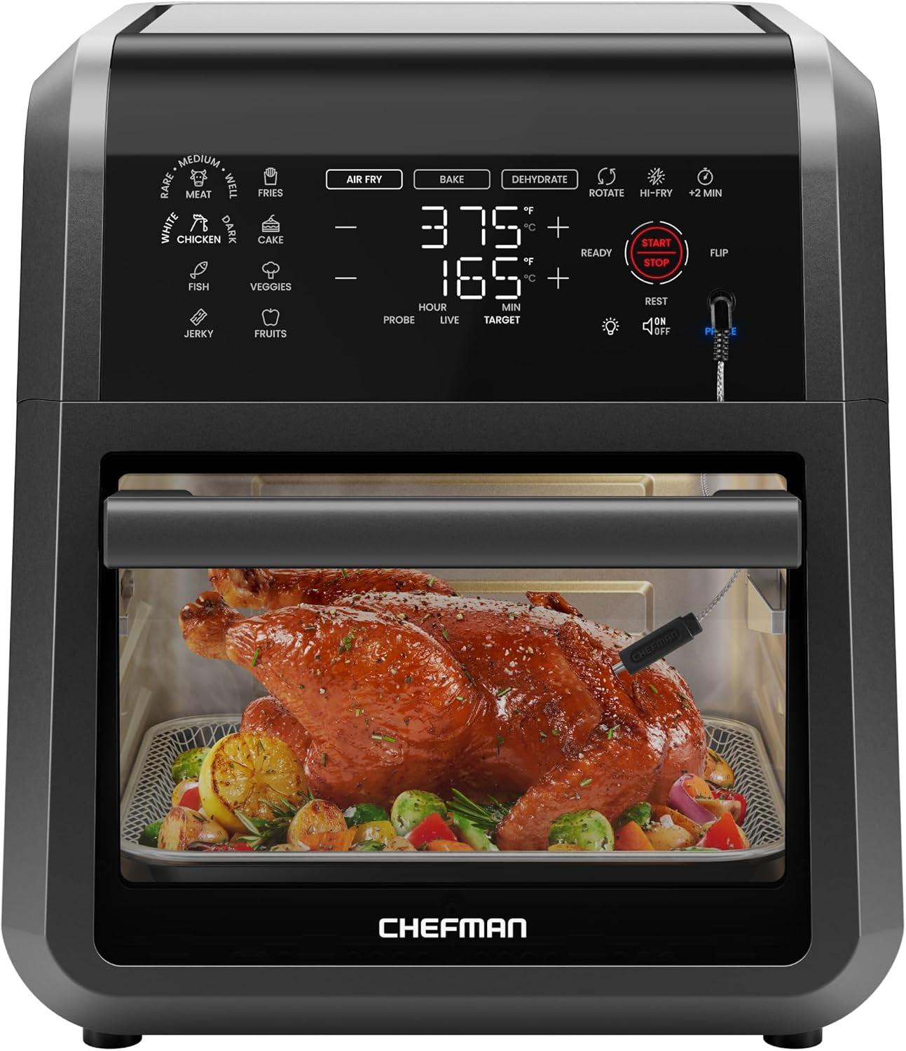 CHEFMAN Exactemp™ 12 Quart 5-In-1 Air Fryer with Integrated Smart Cooking Thermometer, 28 Touchscreen Presets, Rotisserie, Dehydrator, Bake, XL Convection Oven with Auto Shutoff, Black